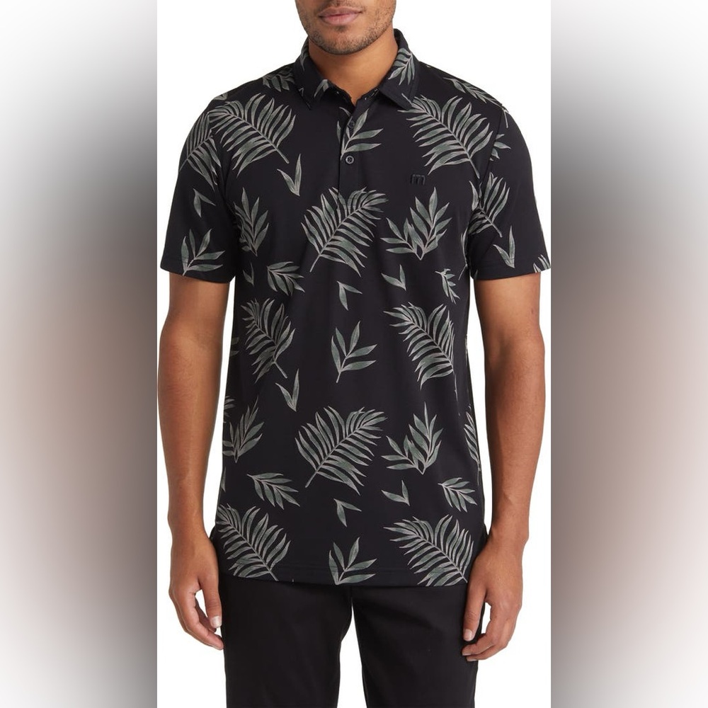 Travis Mathew Black Resort Town Leaf Print Golf Polo